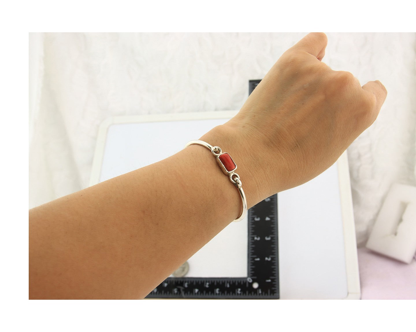 Navajo Bracelet Sterling Silver Natural Red Coral Artist Signed Sunrise