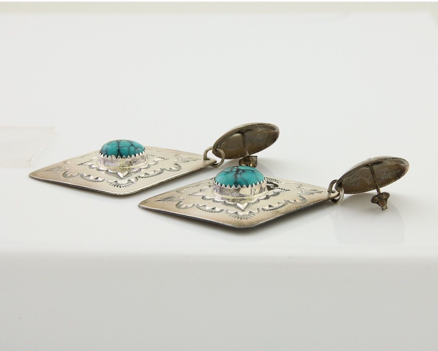 Navajo Dangle Earrings 925 Silver Natural Blue Turquoise Artist Signed LS C.80's