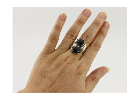 Navajo Ring 925 Silver Onyx Hand Stamped Artist Signed Tom Willeto C.80's