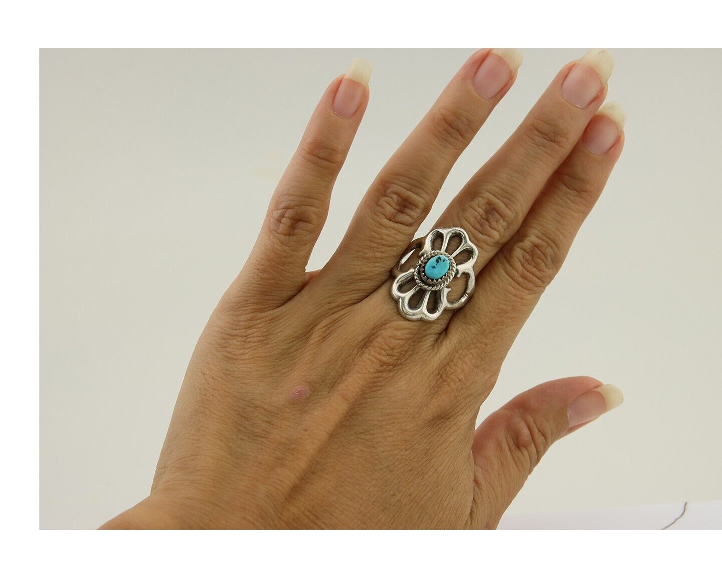 Navajo Sand Cast Ring 925 Silver Sleeping Beauty Turquoise Artist C.80's