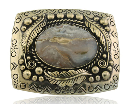 Navajo Belt Buckle .999 Nickel Agate Native Artist Handmade 2.5 x 3.0 in C.80s