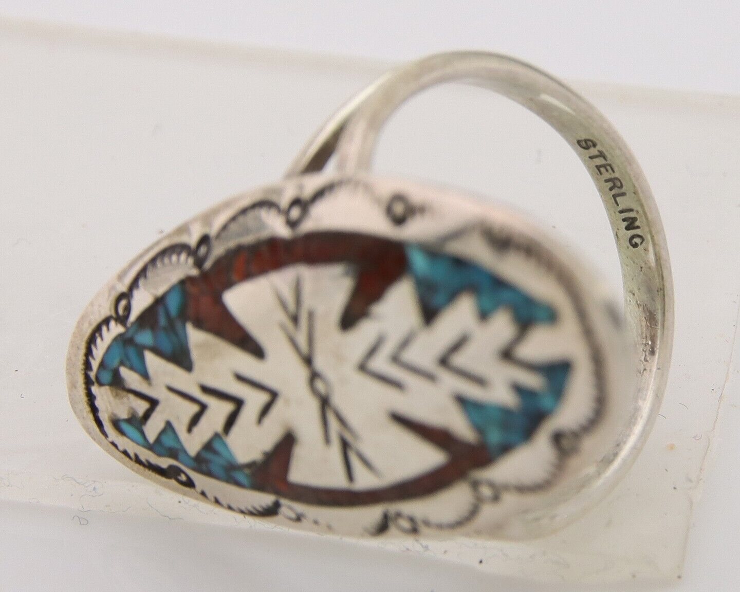 Navajo Ring 925 Silver Chip Inlay Turquoise & Coral Native Artist C.80's