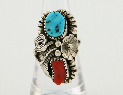 Navajo Handmade Ring 925 Silver Coral & Turquoise Native Artist C.80's