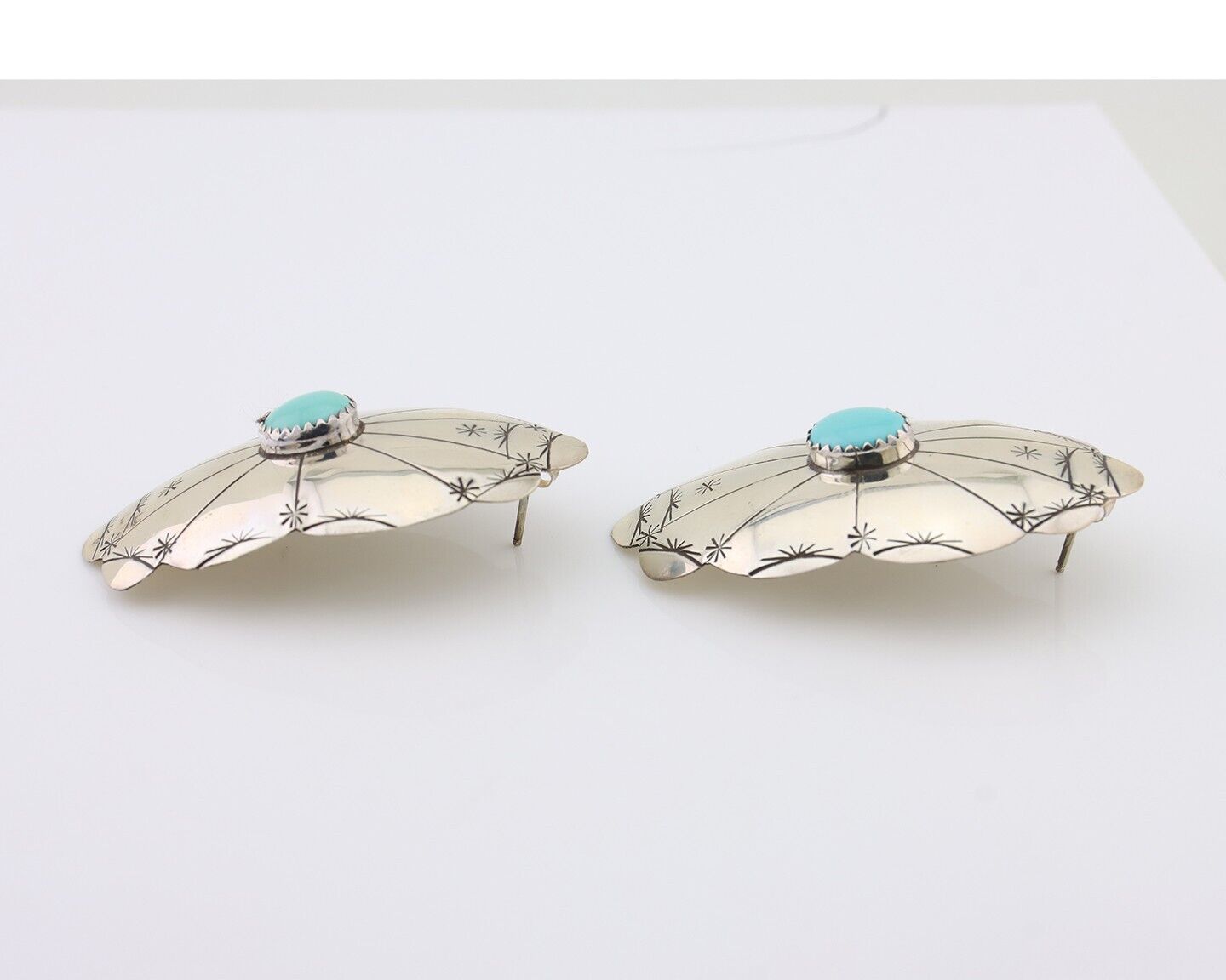 Navajo Hand Stamped Shield Earrings 925 Silver Turquoise Native Artist C.80's