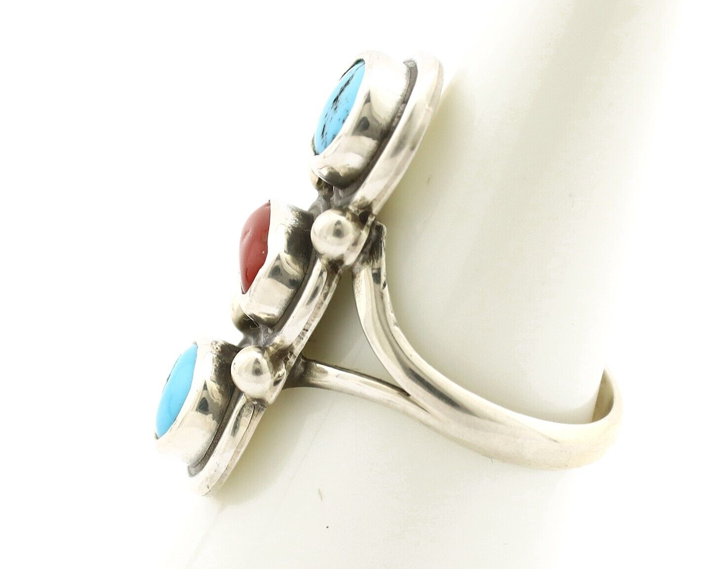 Navajo Ring 925 Silver Sleeping B Turquoise & Coral Native American Artist C.80s