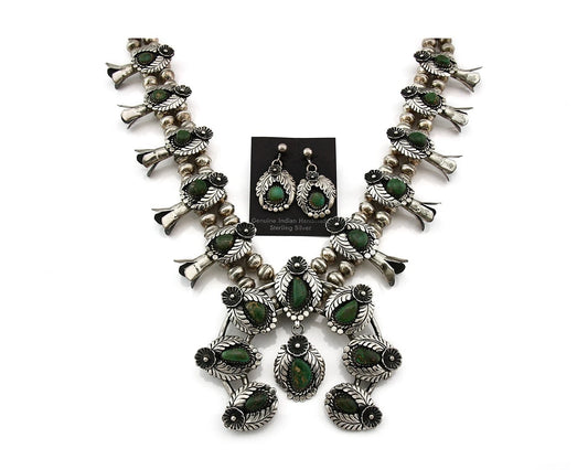 Navajo Squash Necklace Earring Set Sterling Silver Turquoise Vintage C.80's