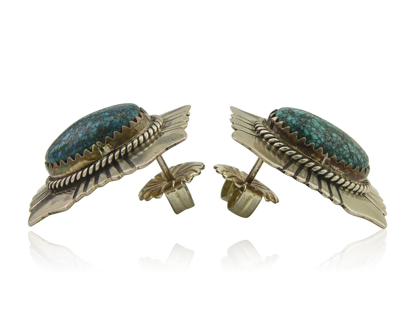 Navajo Earrings 925 Silver Natural Turquoise Artist Signed Running Bear C80s