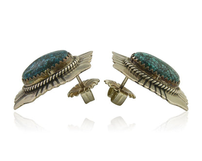 Navajo Earrings 925 Silver Natural Turquoise Artist Signed Running Bear C80s