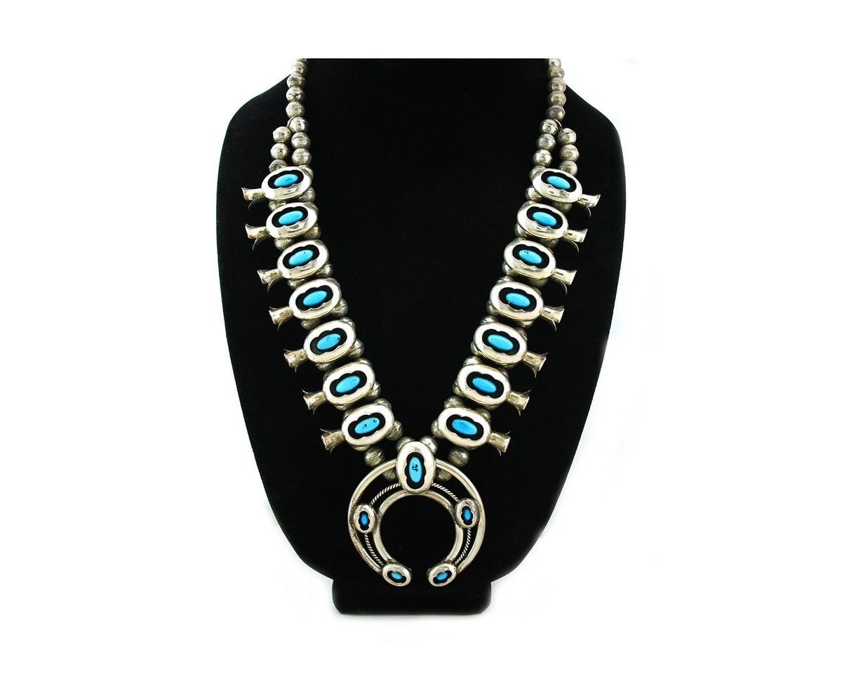 Navajo Squash Necklace Set Sterling Silver Turquoise Vintage Signed PG