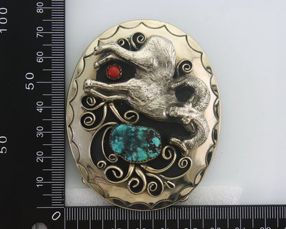 Navajo Belt Buckle .999 Nickel Buffalo Gemstone Signed 2.5 x 3.0 in C.80's