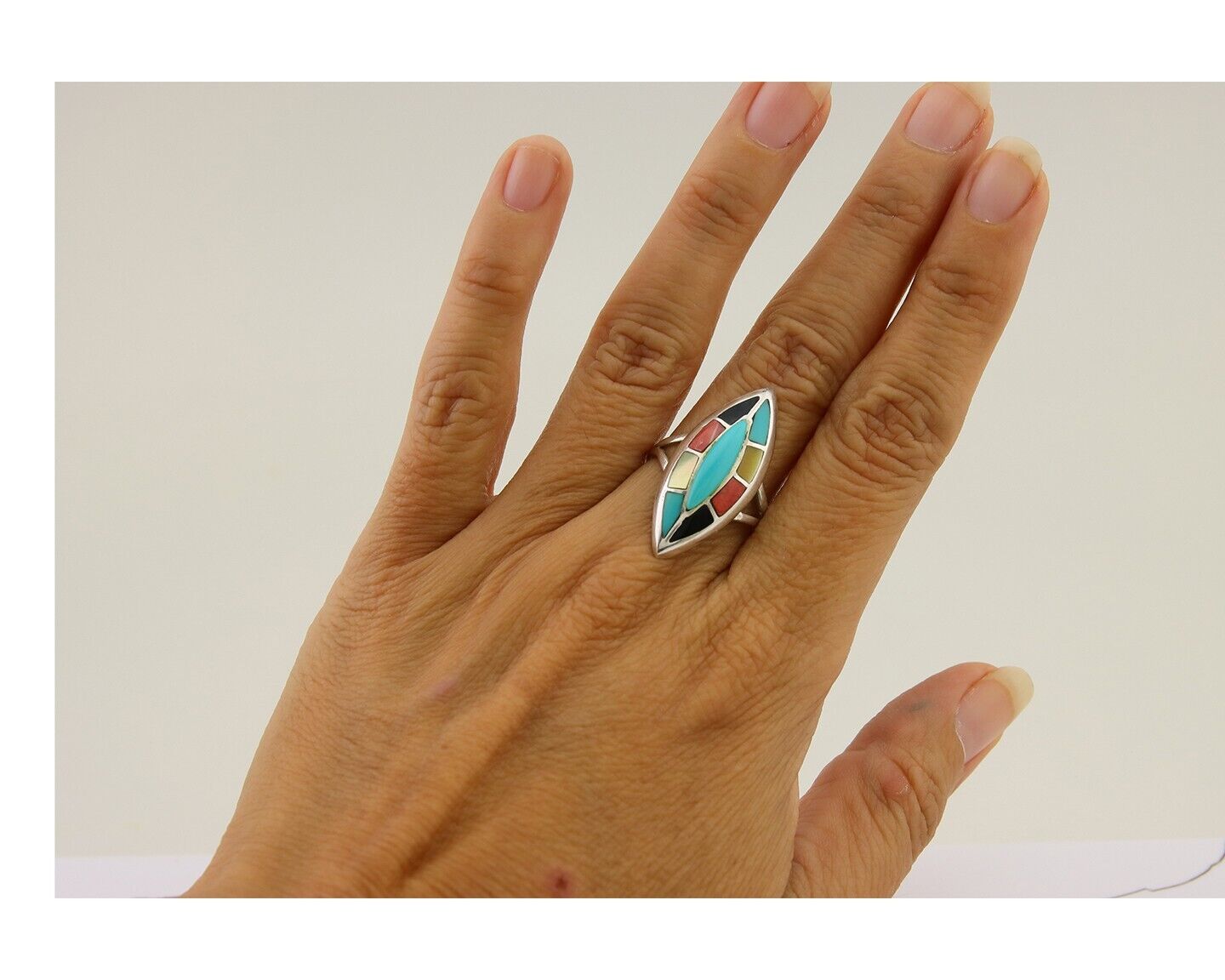 Navajo Ring 925 Silver Turquoise Shell Onyx Spiney Oyster Native Artist C.80's