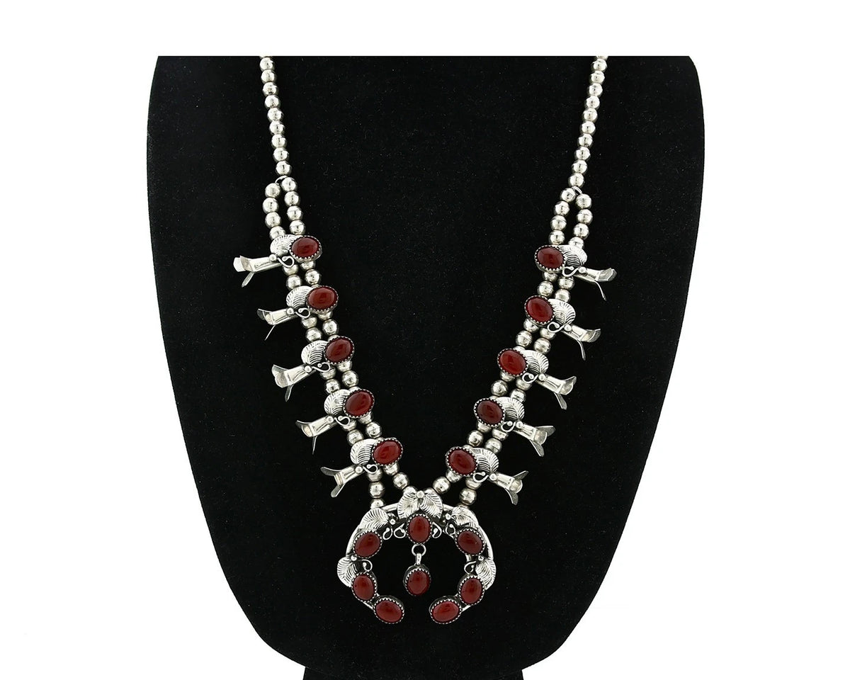 Navajo Squash Necklace Earring Set Sterling Silver Natural Carnelian Vintage C80