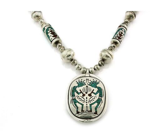 Navajo Necklace 925 Sterling Silver Coral & Turquoise Vintage Artist Signed SO