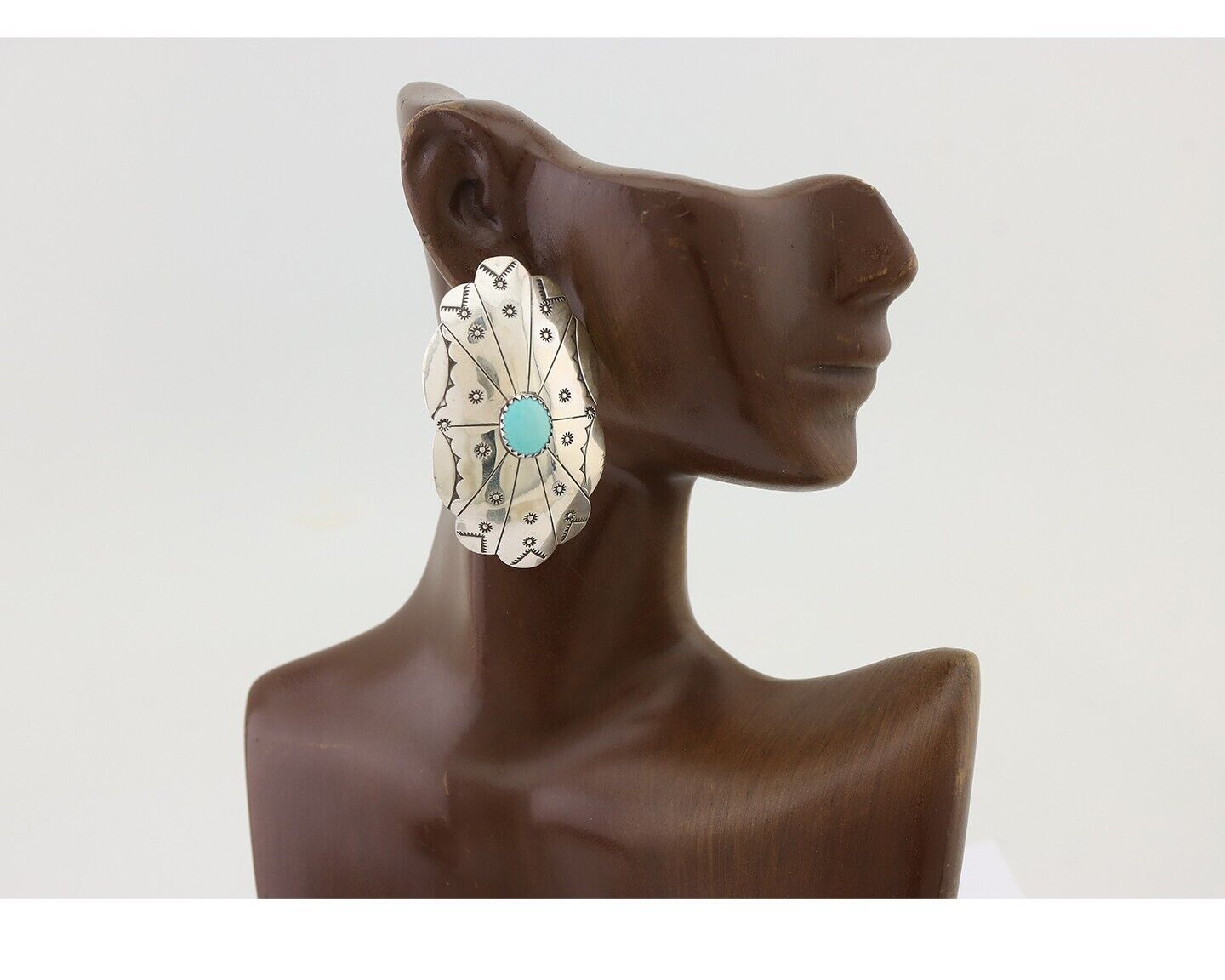 Navajo Hand Stamped Shield Earrings 925 Silver Turquoise Native Artist C.80's