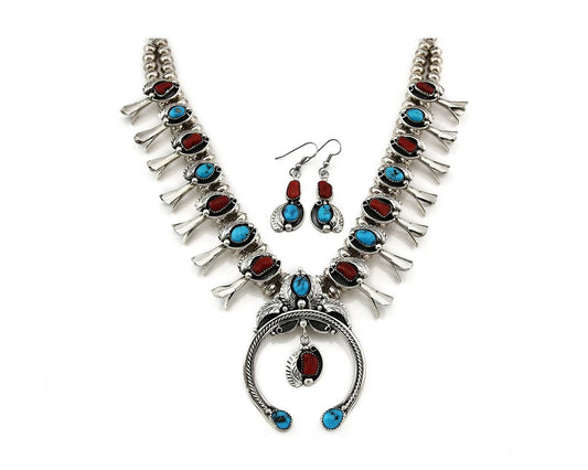 Navajo Squash Necklace Earring Set Sterling Silver Gemstones Signed C Davis C80s