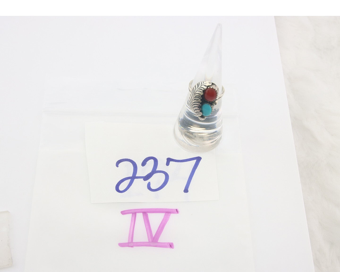 Navajo Ring 925 Sterling Natural Coral & Turquoise Signed BB C.80's Size 5.0