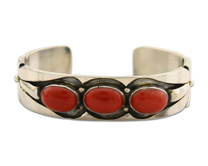 Navajo Bracelet .925 Silver Red Coral Cuff Signed Charles Johnson C.80's
