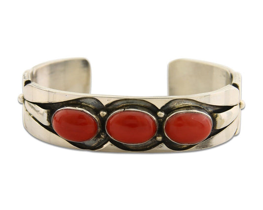 Navajo Bracelet .925 Silver Red Coral Cuff Signed Charles Johnson C.80's