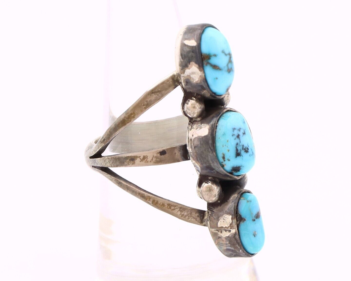 Navajo 3 Stone Ring 925 Silver Blue Turquoise Native American Artist C.80's
