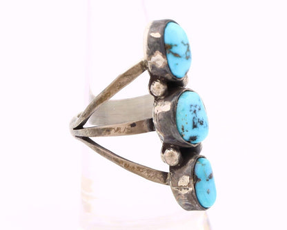 Navajo 3 Stone Ring 925 Silver Blue Turquoise Native American Artist C.80's
