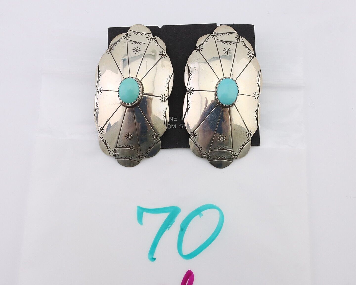 Navajo Hand Stamped Shield Earrings 925 Silver Turquoise Native Artist C.80's