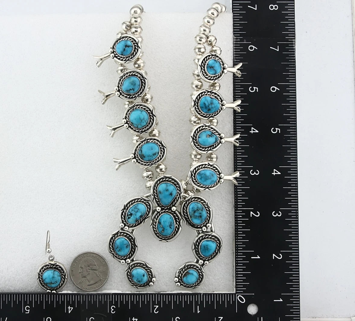 Navajo Necklace Earring Set Sterling Silver Vintage Morenci Turquoise Handmade