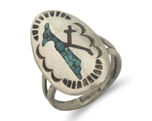 Navajo Ring 925 Sterling Natural Chip Inlay Coral & Turquoise C.80's Size 4.5