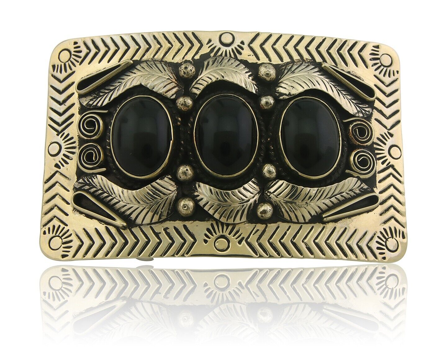 Navajo Concho Belt Buckle .999 Nickel Onyx Native American Artist 2x3 in C.80's