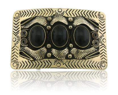 Navajo Concho Belt Buckle .999 Nickel Onyx Native American Artist 2x3 in C.80's