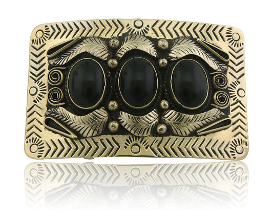 Navajo Concho Belt Buckle .999 Nickel Onyx Native American Artist 2x3 in C.80's