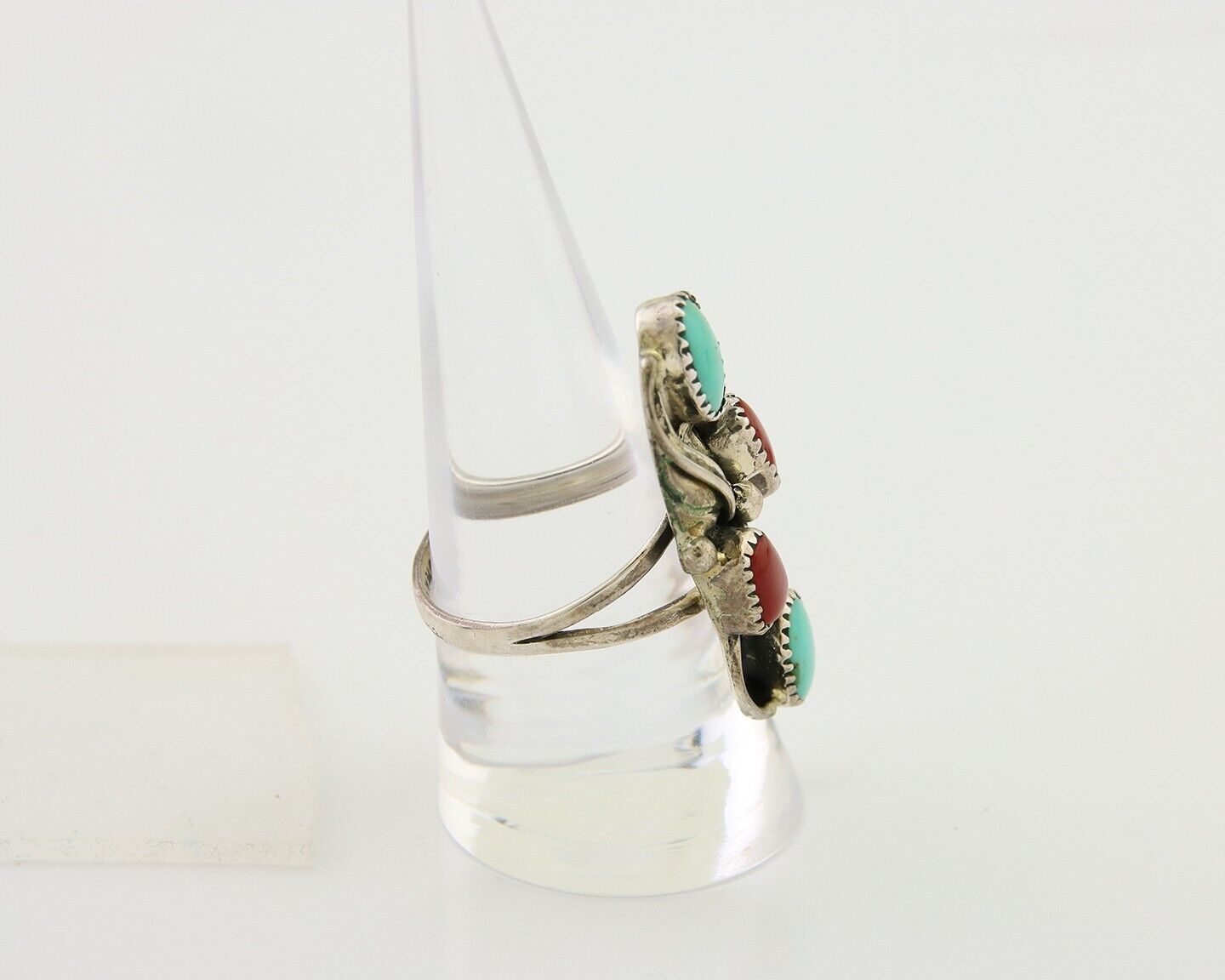 Navajo Handmade Ring 925 Silver Coral & Turquoise Native Artist C.80's