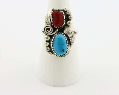 Navajo Ring .925 Silver Turquoise & Coral Artist Signed Justin Morris C.80's