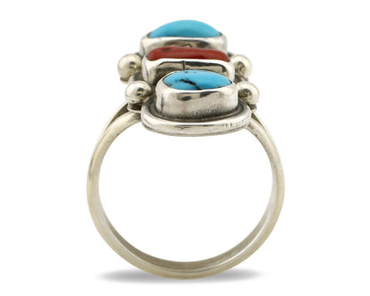 Navajo Ring 925 Silver Sleeping B Turquoise & Coral Native American Artist C.80s