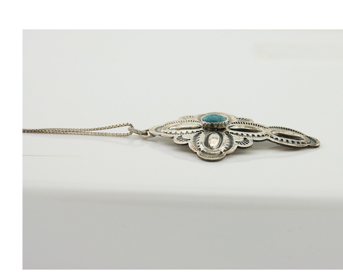 Navajo Cross Hand Stamped Necklace 925 Silver Turquoise Artist Signed JRS C.80's