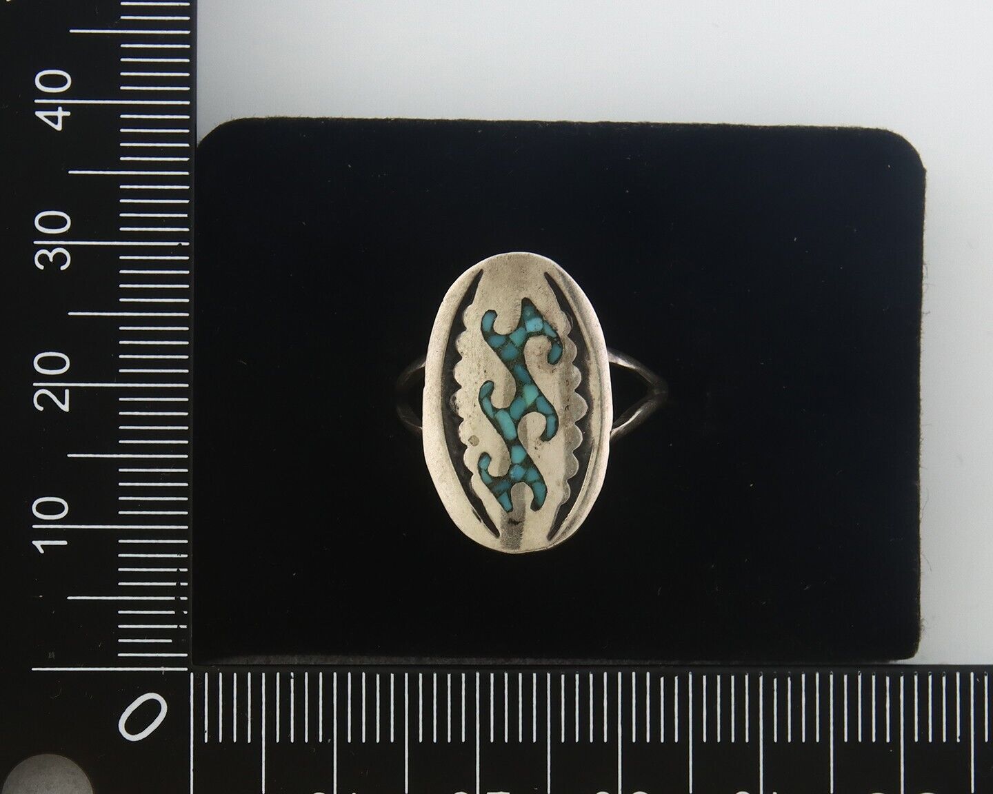 Navajo Ring 925 Sterling Natural Chip Inlay Turquoise C.80's Size 7.0