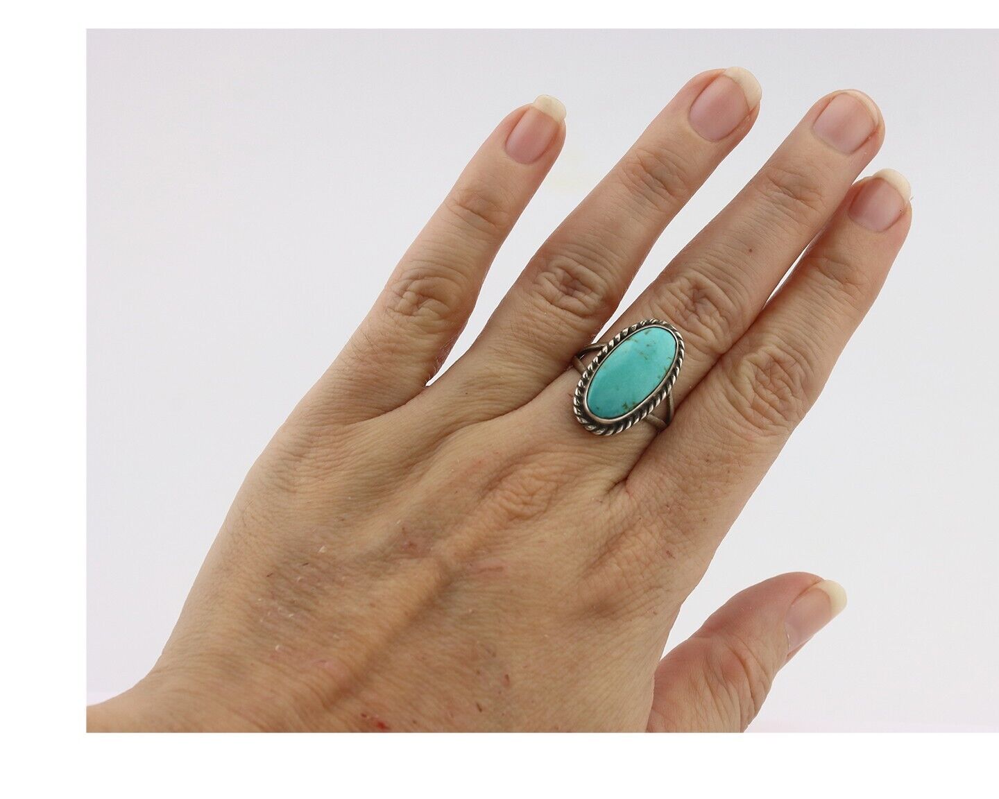 Navajo Ring 925 Silver Natural Kingman Turquoise Signed M Montoya C.80's