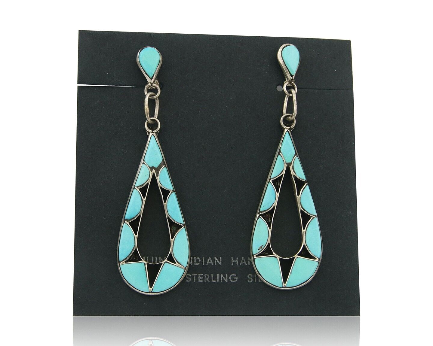 Zuni Dangle Earrings 925 Silver Natural Turquoise Artist Signed EJP C.80's