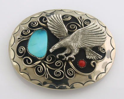 Navajo Belt Buckle .999 Nickel Buffalo Gemstone Handmade 2.5 x 3.0 in C.80's
