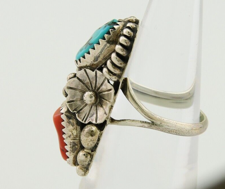 Navajo Handmade Ring 925 Silver Coral & Turquoise Native Artist C.80's