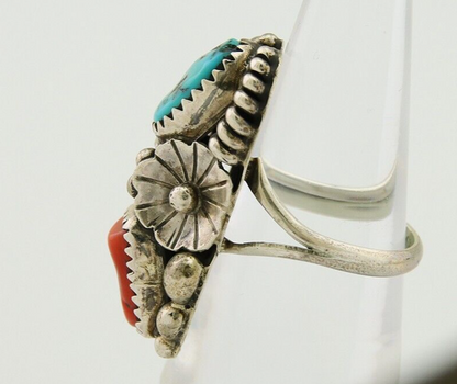 Navajo Handmade Ring 925 Silver Coral & Turquoise Native Artist C.80's