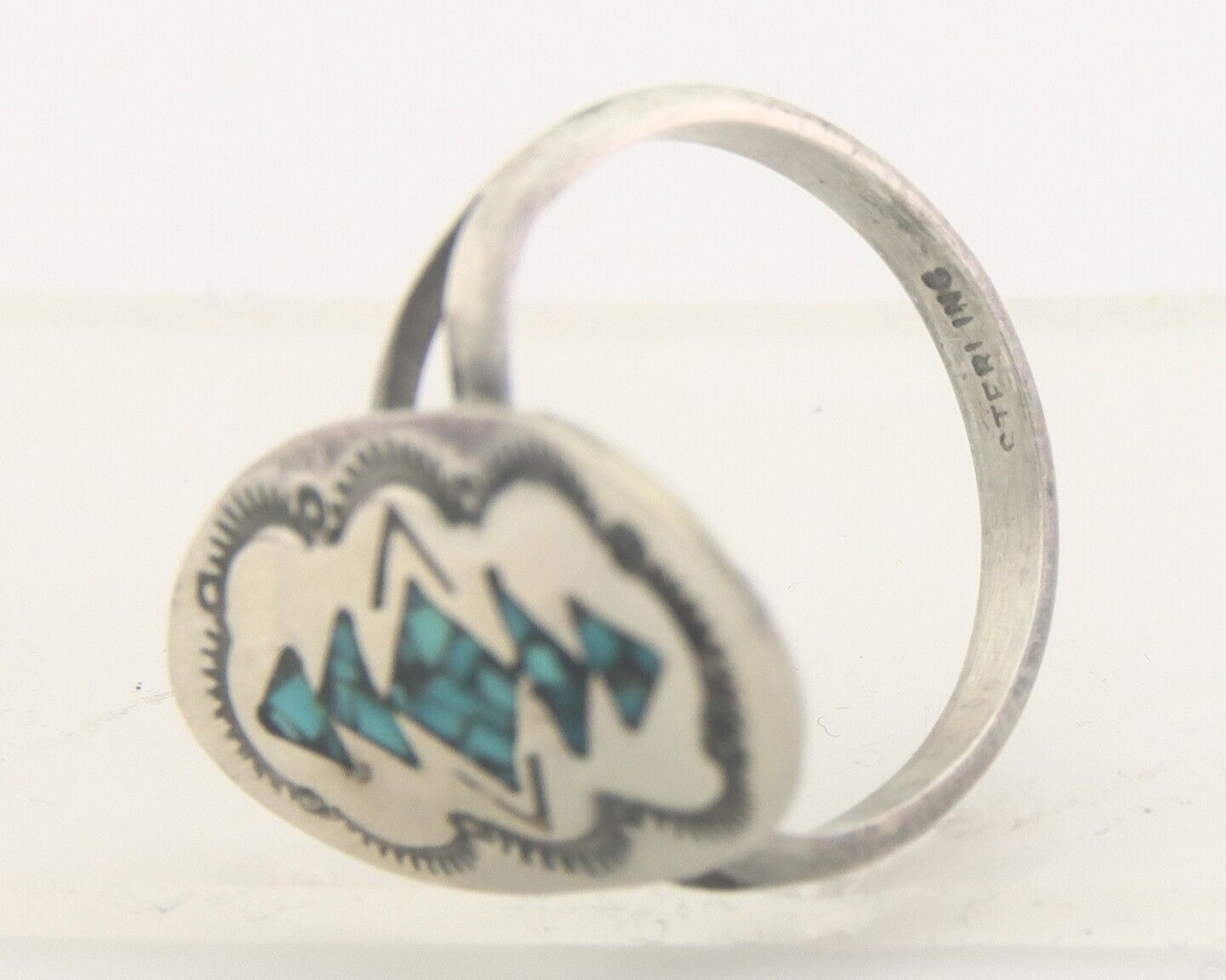 Navajo Ring 925 Sterling Natural Chip Inlay Coral & Turquoise C.80's Size 7.5