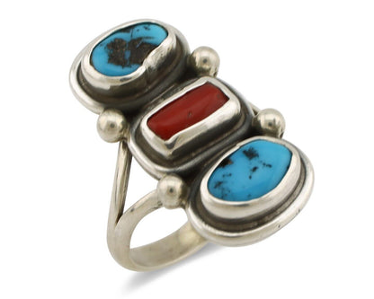 Navajo Ring 925 Silver Sleeping B Turquoise & Coral Native American Artist C.80s