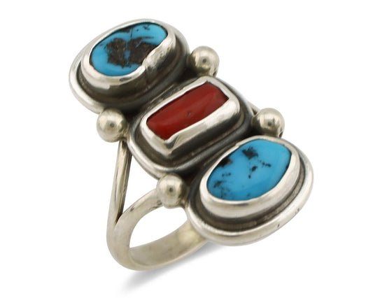 Navajo Ring 925 Silver Sleeping B Turquoise & Coral Native American Artist C.80s