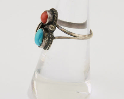 Navajo Handmade Ring 925 Silver Coral & Turquoise Native Artist C.80's