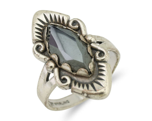 Navajo Hematite Ring 925 Silver Artist Signed Hanging Arrow Size 7.5 C.80's