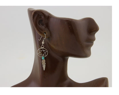 Navajo Dangle Dream Catcher Earrings 925 Silver Blue Turquoise Native Artist C80