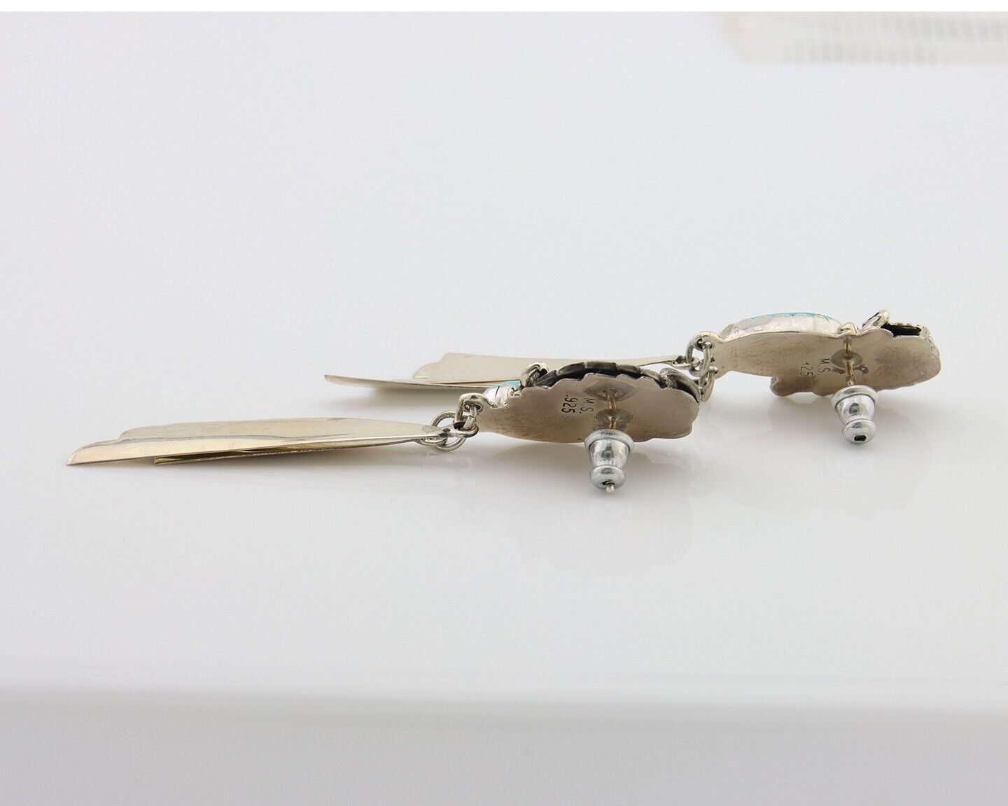 Navajo Dangle Earrings 925 Silver Natural Blue Turquoise Artist Signed M.S. C80s