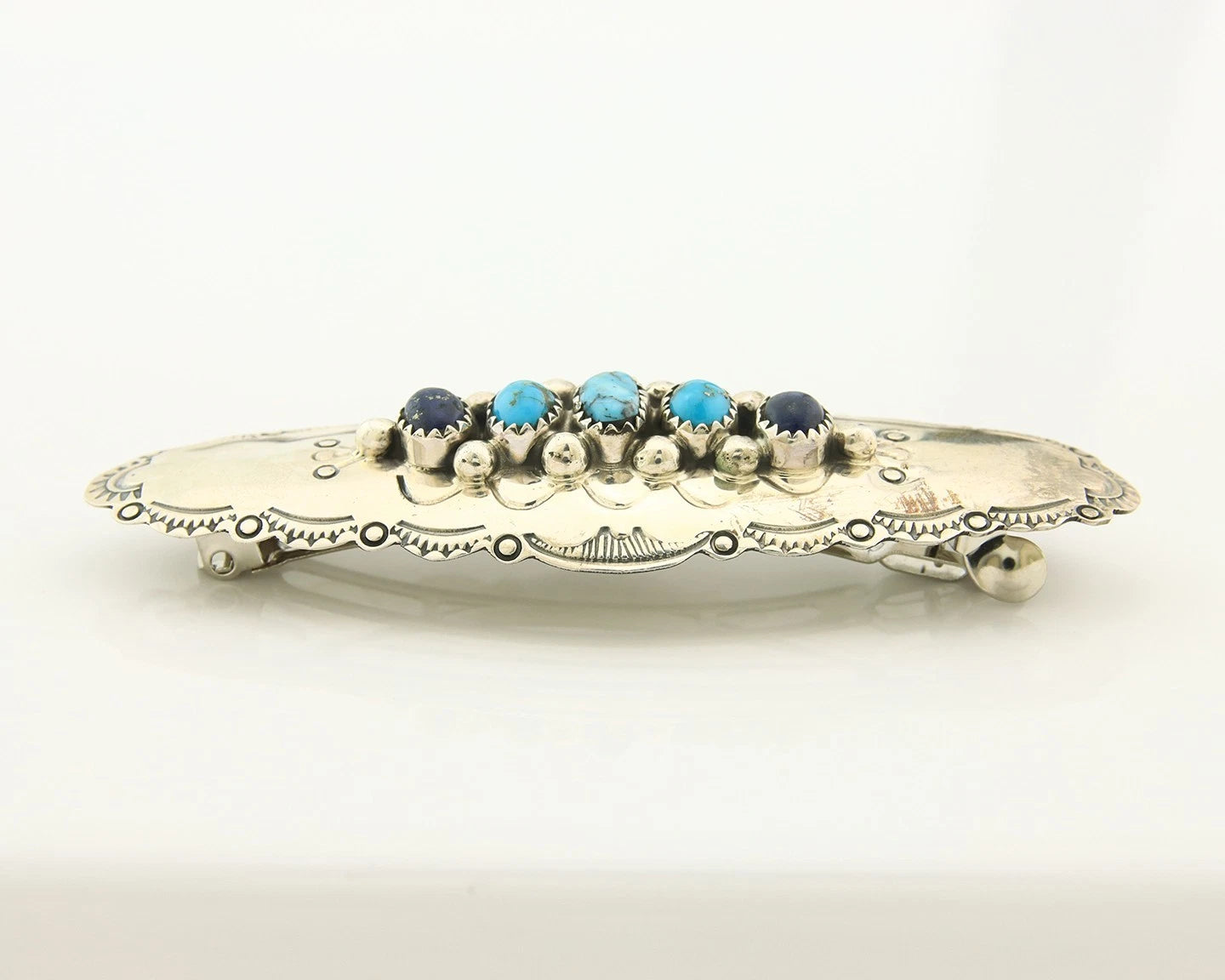 Navajo Barrette Sterling Silver Gemstones Hand Stamped Vintage Native Artist
