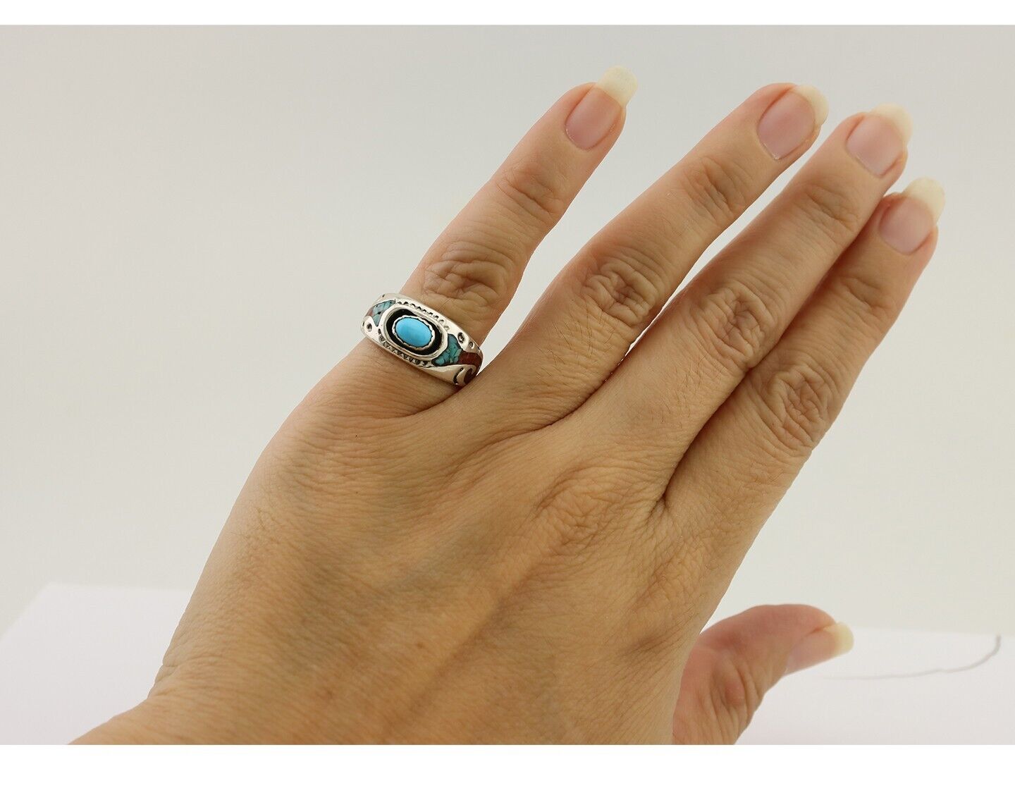 Navajo Ring 925 Silver Turquoise & Coral Natural American Artist C.80's