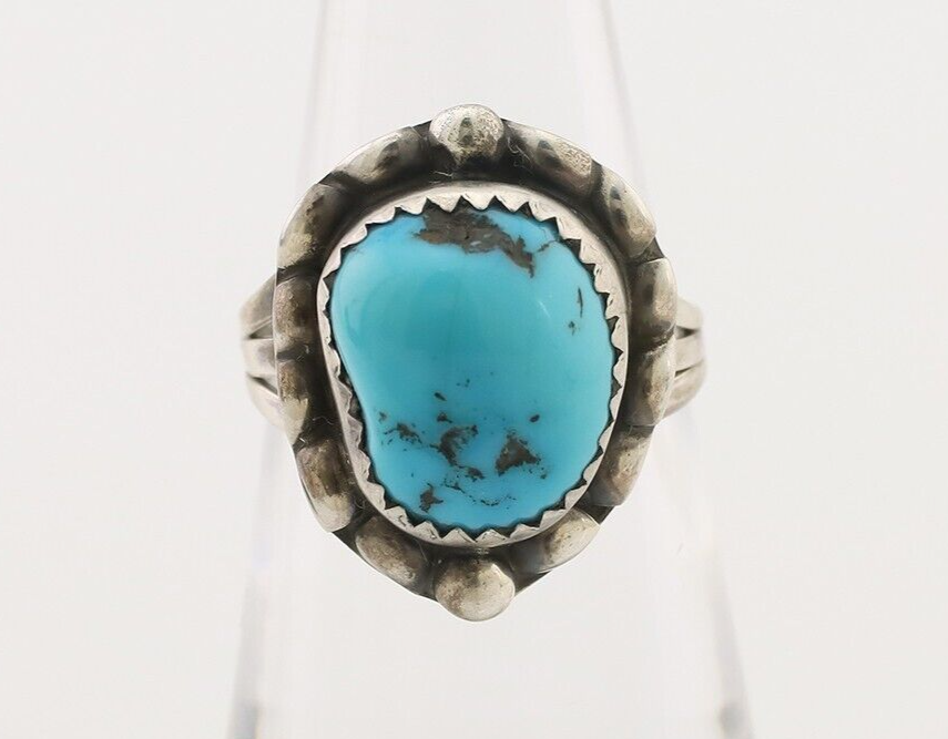 Navajo Ring 925 Silver Sleeping Beauty Turquoise Artist Signed SC C.80's